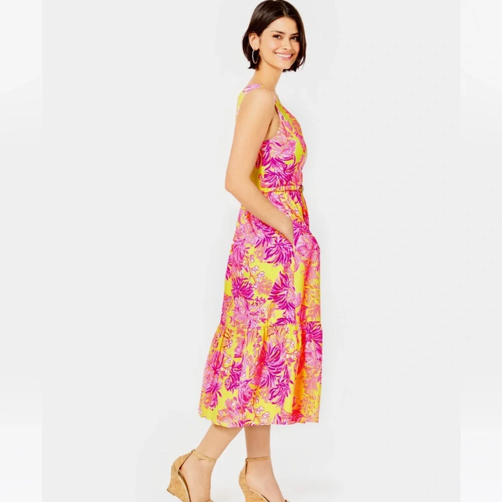 Lilly Pulitzer Bri V-Neck Cotton Midi-Dress - Calla Yellow Floral Coral - Size 4 - Picture 3 of 11